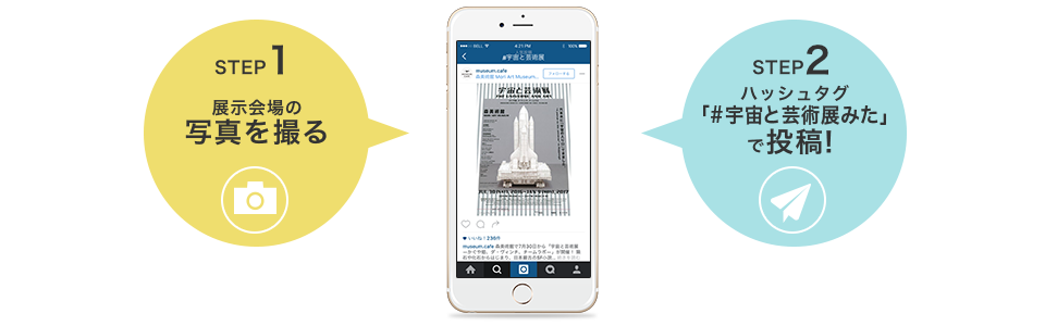 STEP1展示会場の写真を撮る　STEP2ハッシュタグ[#宇宙と芸術展みた]で投稿！